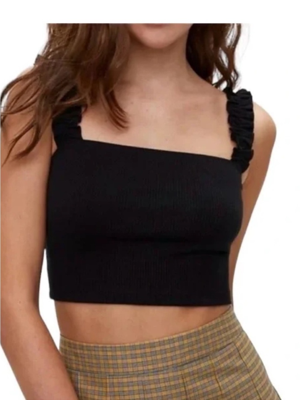 Sunday Best Black Square Neck Ruffle Strap Crop Top